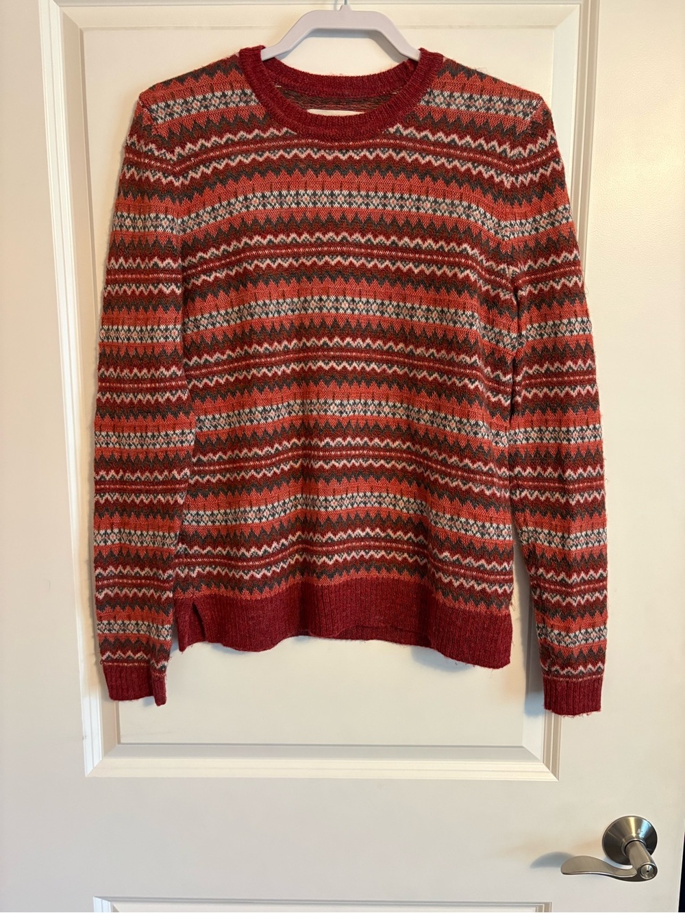 LOFT Red Patterned Crewneck Sweater with Cream and Gray Accents
